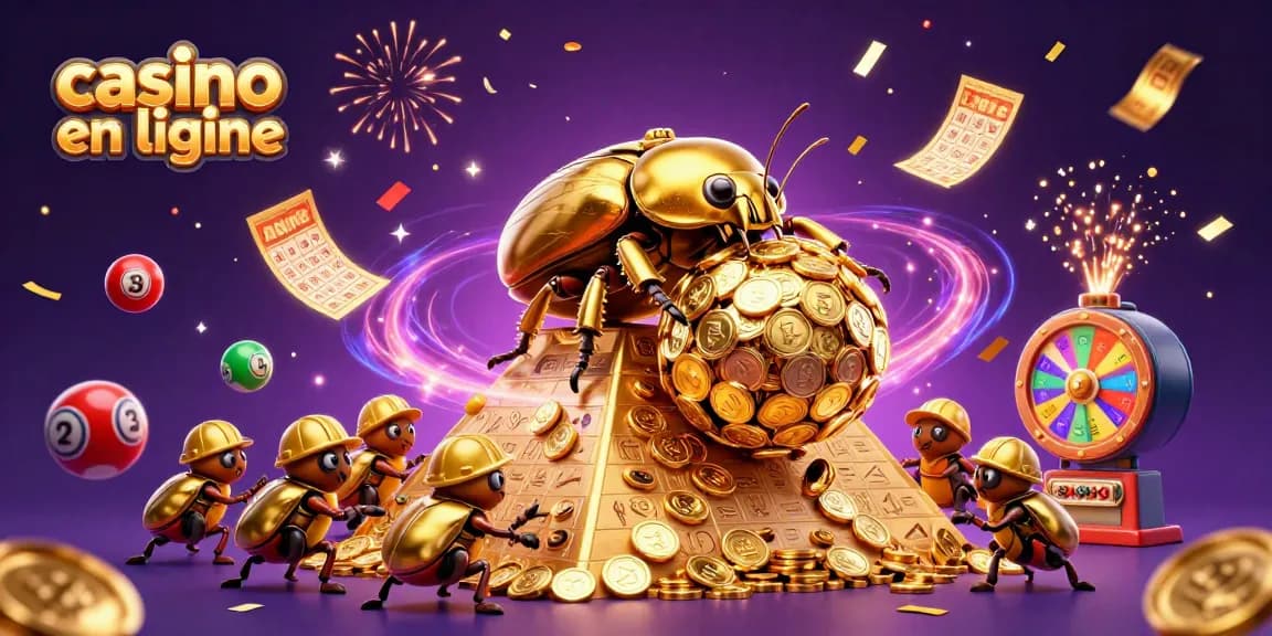 Récoltez des gains sur le casino en ligne avec une scène dynamique de coccinelles dorées et des éléments festifs.