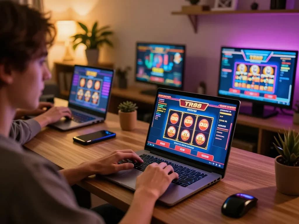 Engaged player exploring interactive TR88 online casino games on laptop at home desk.