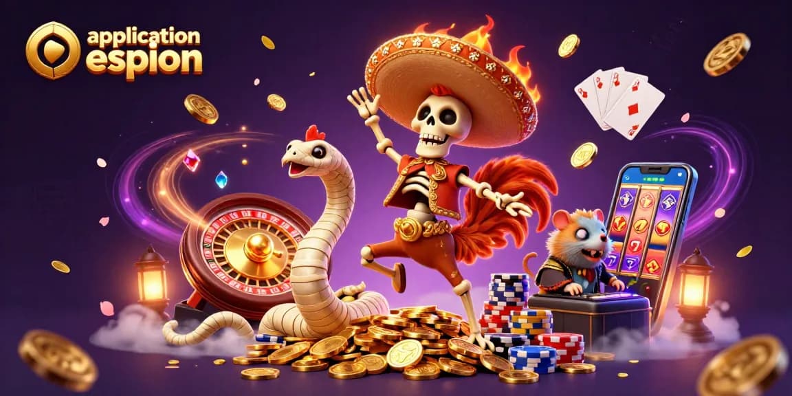 Application espion et personnage de casino dans une scène dynamique de jeu entourée de trésors et lumières.