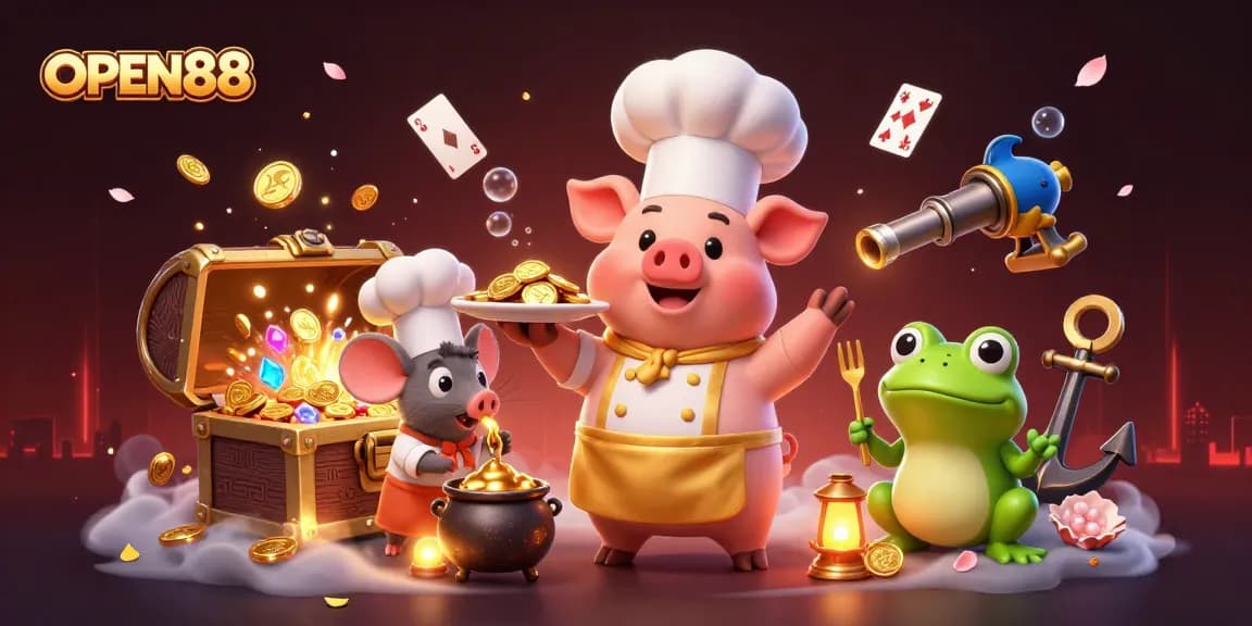 Experience winning excitement with OPEN88 in a vibrant casino scene filled with gold coins and playful characters.