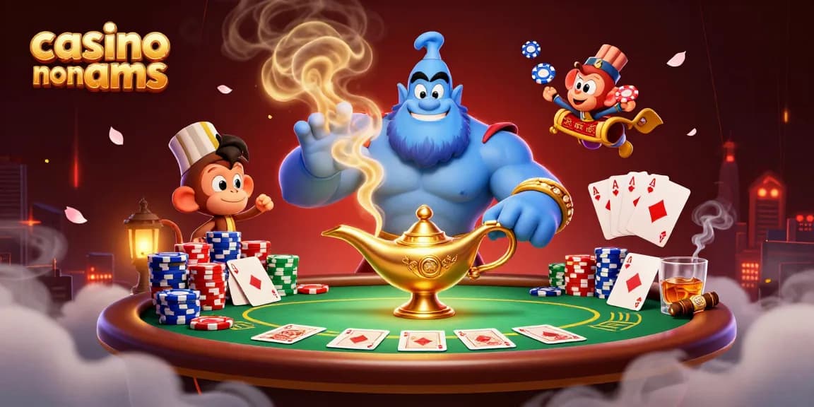 Immagine di un casinò non AAMS con un genio e un tappetto magico che porta pezzi da poker