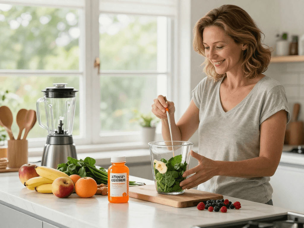 Woman making a smoothie with astaxanthin supplement Canada in a bright kitchen, surrounded by fresh fruits.