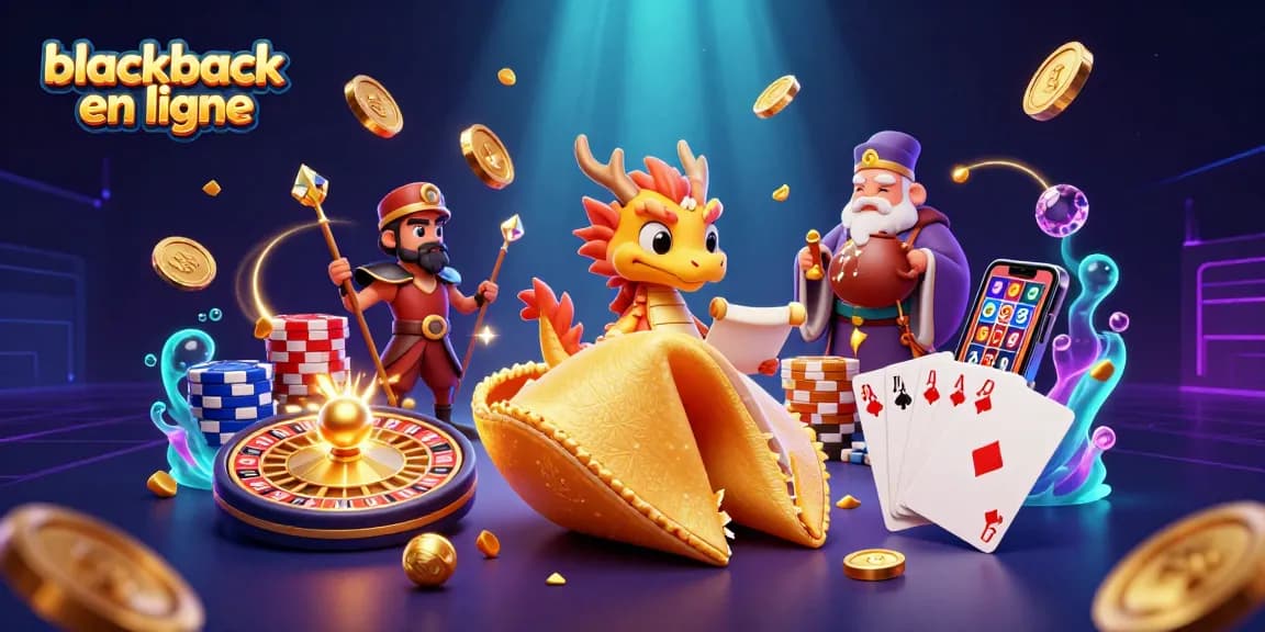 Jouer au blackjack en ligne avec une scène dynamique incluant des personnages de fortune et des éléments de casino.