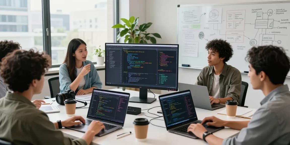 Developers collaborating on innovative software design with NAGA2000 displayed on screens in a vibrant tech workspace.