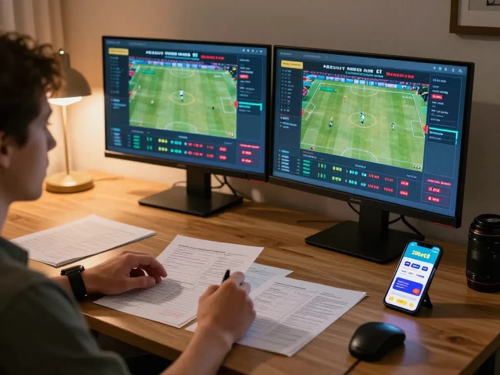 Person using the 28bet8 app for live sports betting at home with dual gaming screens.