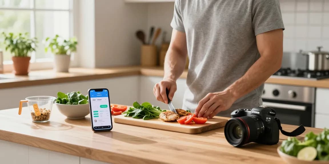 Health-conscious meal prep with the best calorie tracker app on a smartphone in a bright kitchen.