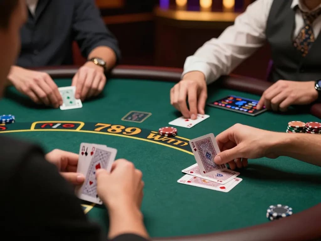 Players engaging in strategic blackjack decisions at 789win online casino, cards and chips visible.