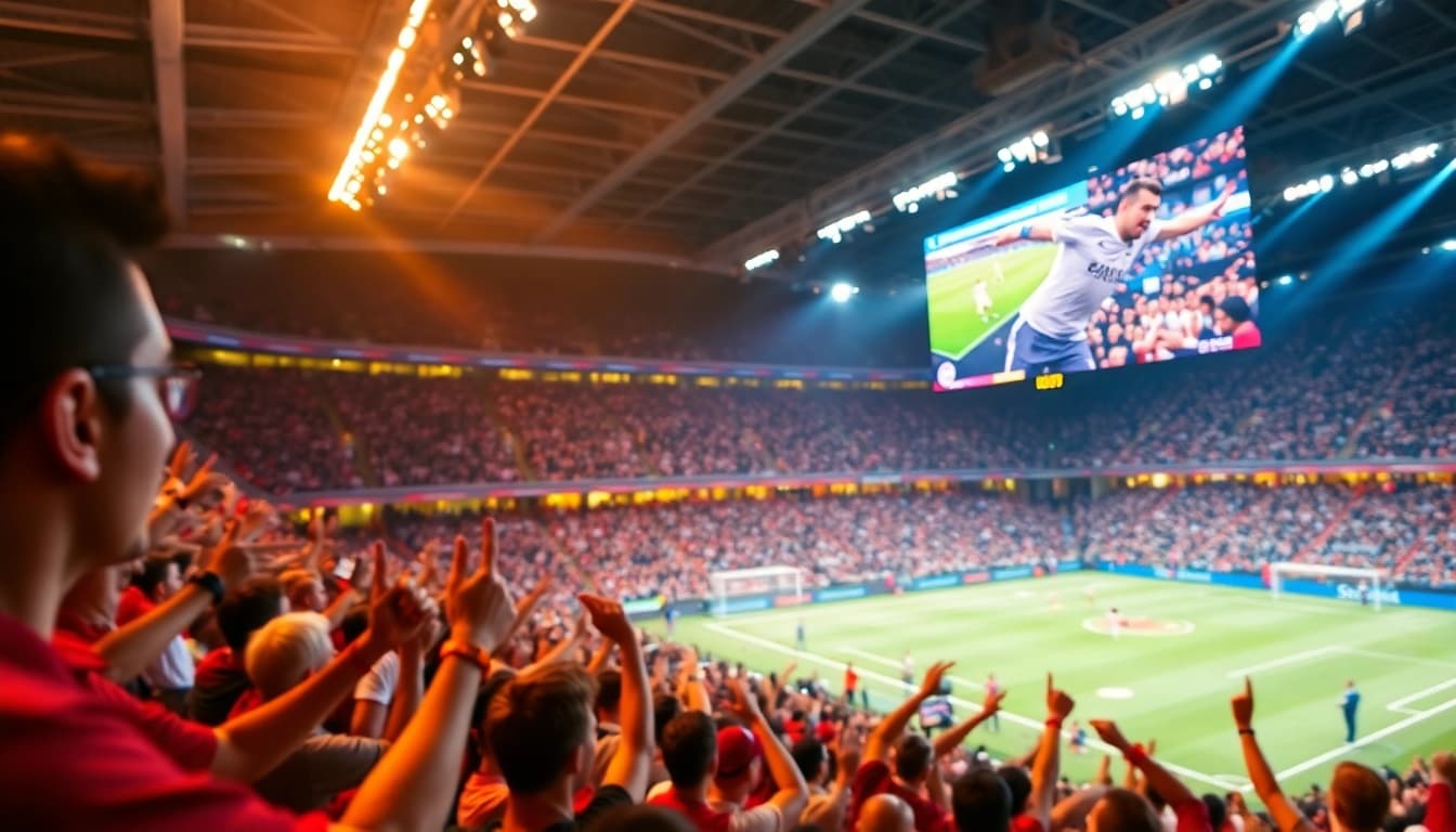 Menonton bolakami dengan penggemar yang bersemangat di stadium, menampilkan momen langsung yang mendebarkan.