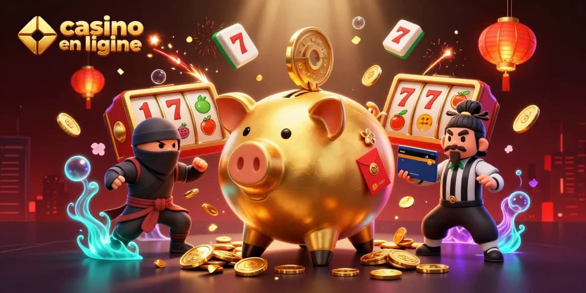 Casino en ligne: une illustration dynamique avec un sumo et des éléments de jeu.