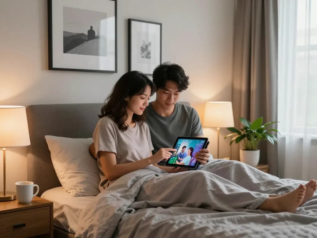 Couple exploring ai sex experiences on tablet in a modern bedroom