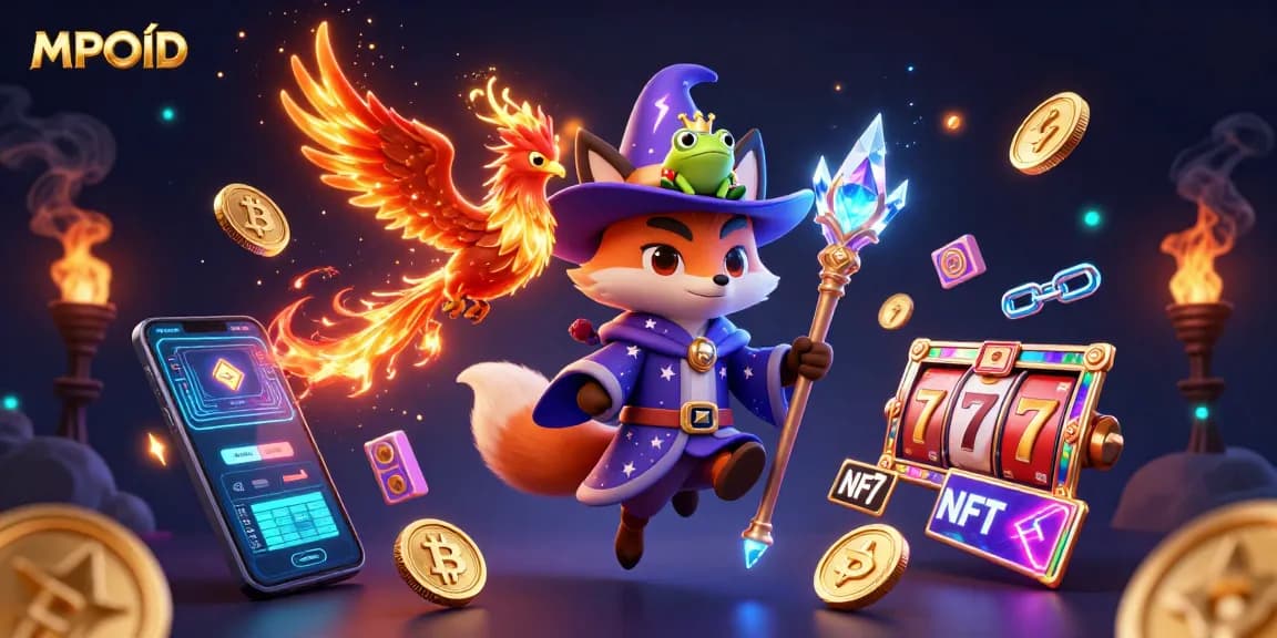 MPOID platform enabling gamers to spin the slot reels with excitement, featuring vibrant characters and crypto elements.