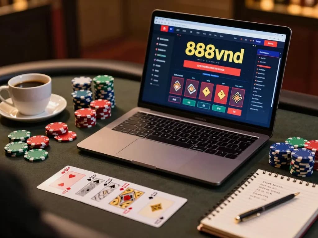 Engaging online gaming scene at 888vnd with laptop, poker chips, and strategic notes