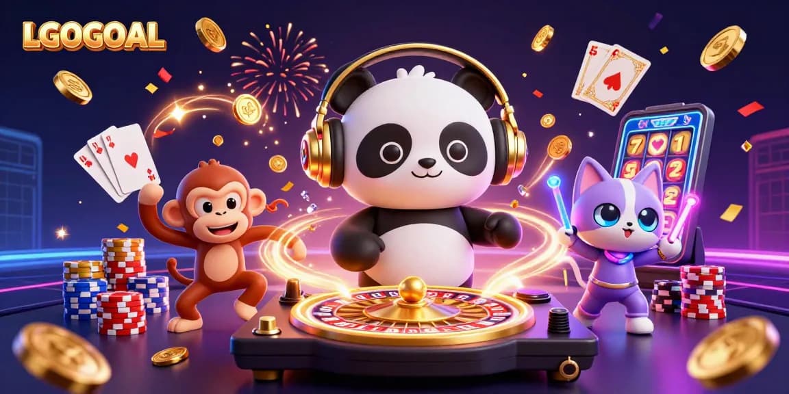 Experience exciting wins with LGOGOAL in this vibrant casino-themed 3D illustration featuring playful characters.