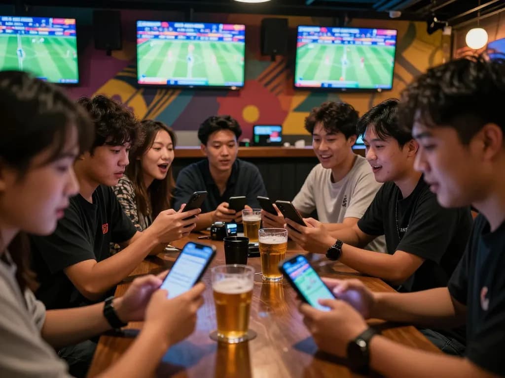 Patrons engaging in sports betting at a lively venue, highlighting tylekeonhacai88 for real-time odds and excitement.