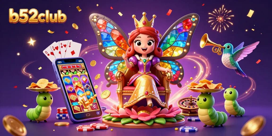 Experience engaging gameplay on b52club with a vibrant 3D illustration featuring a butterfly queen and classic casino elements.