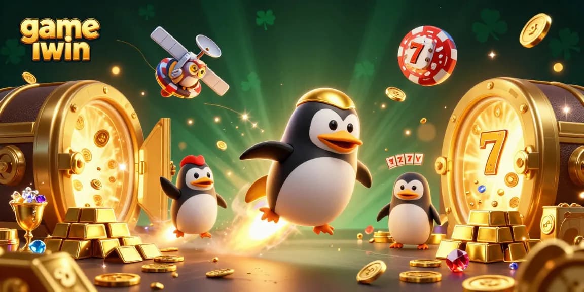 Experience the excitement and adventure of game iwin with this colorful illustration featuring a penguin in a cosmic casino!