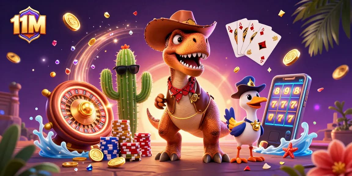 Play big with 11M's thrilling casino adventure featuring dinosaur cowboys!
