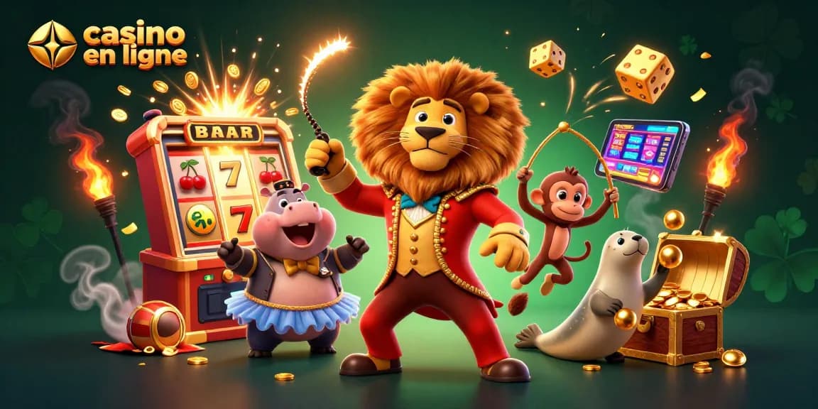 Illustration dynamique d'un casino en ligne avec un lion, un hippopotame en tutu et plus.