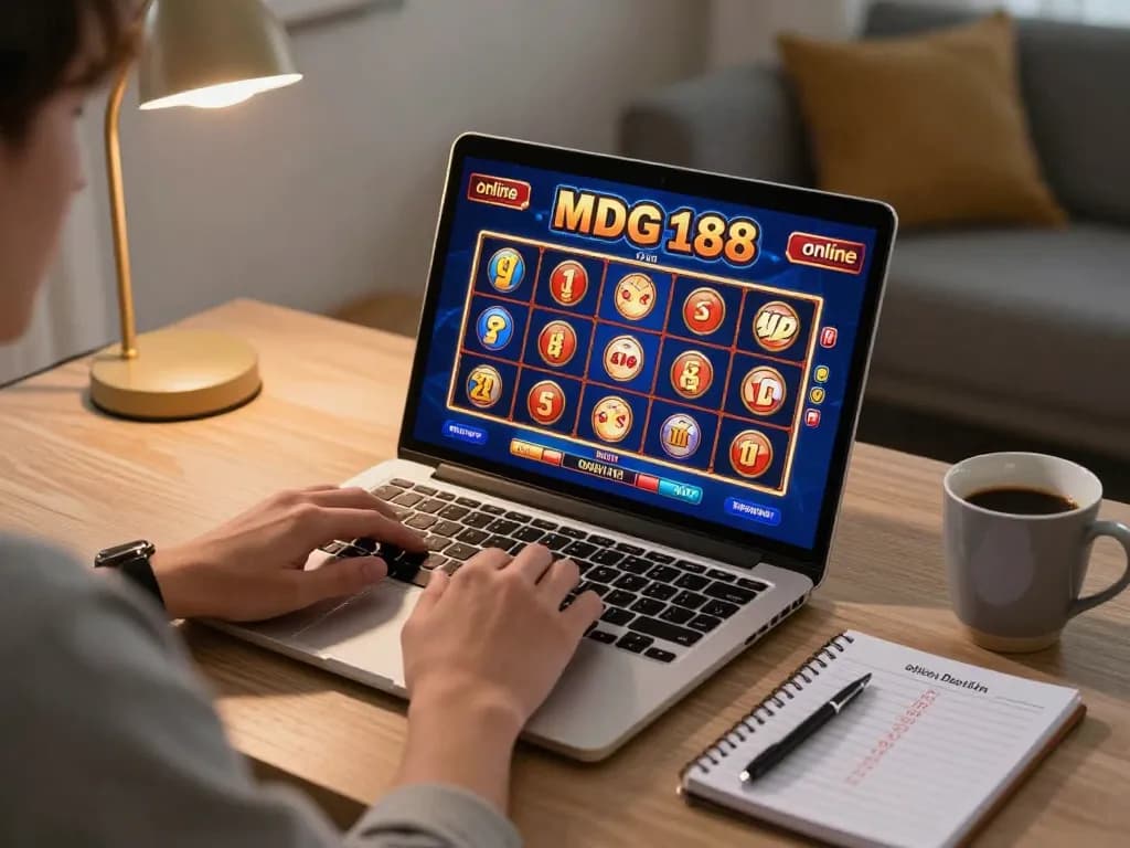 Player engaging with MDG188 online slots, showcasing colorful interface and strategic setup.