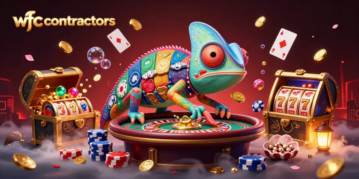 wfccontractors presents a vibrant casino scene with a colorful chameleon owner and exciting gambling elements.