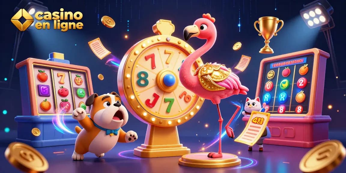 Vivez l'excitation du casino en ligne avec une illustration 3D vibrante mettant en avant des éléments de jeu dynamiques.