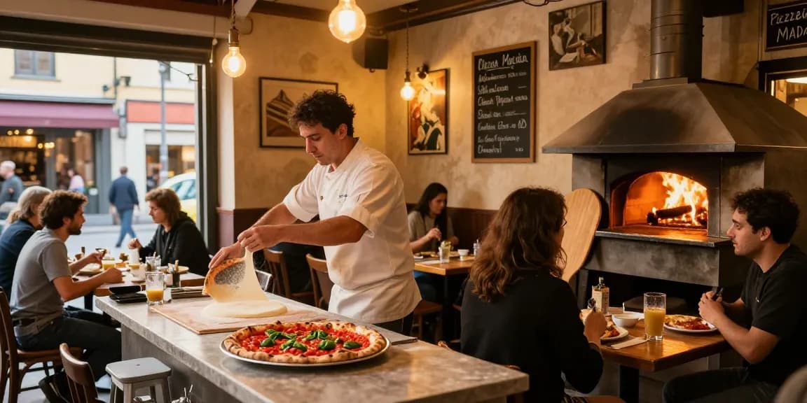 Pizzeria Madera showcases pg soft Italian dining with a chef tossing pizza dough in a cozy, vibrant atmosphere.