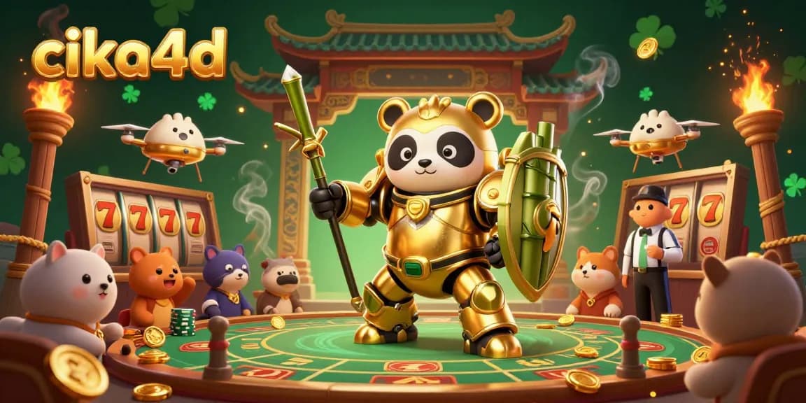 cika4d showcases a golden panda piloting a fighting robot in a vibrant gaming arena filled with slots and colorful energy.