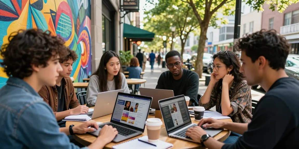 Brainstorming guerrilla marketing techniques online in a vibrant urban café with diverse marketers.