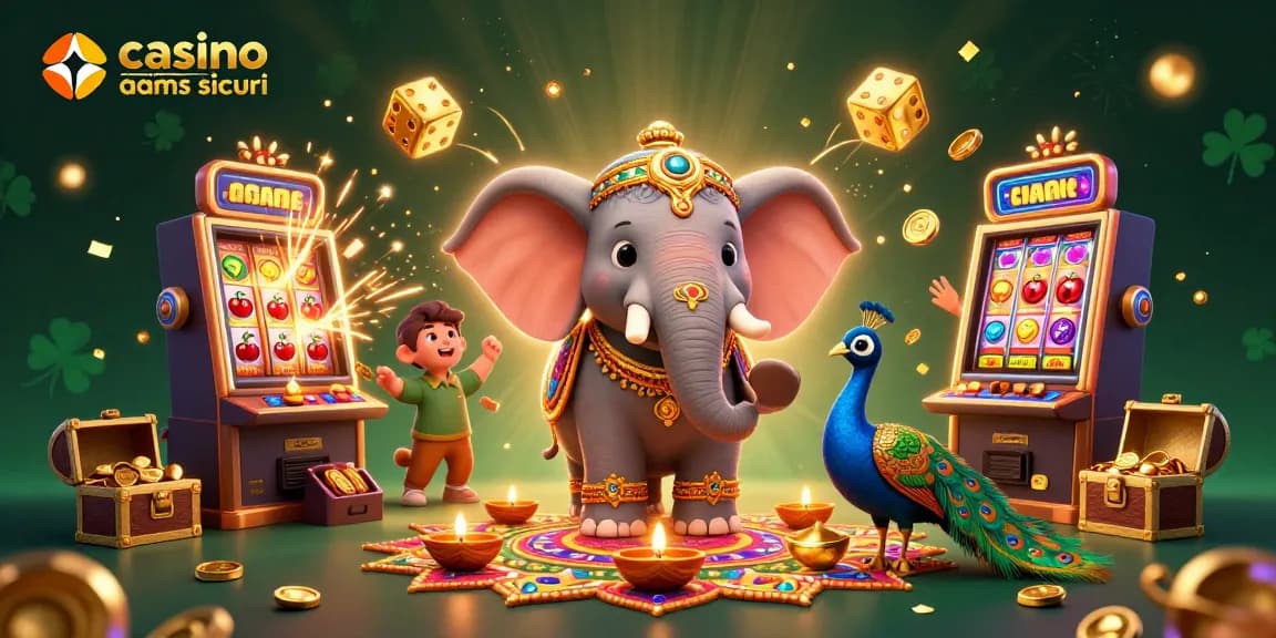 Vivi l'emozione dei casino non AAMS sicuri con colori vivaci, simboli celebri e l'eccitazione del jackpot in questa illustrazione digitale 3D.