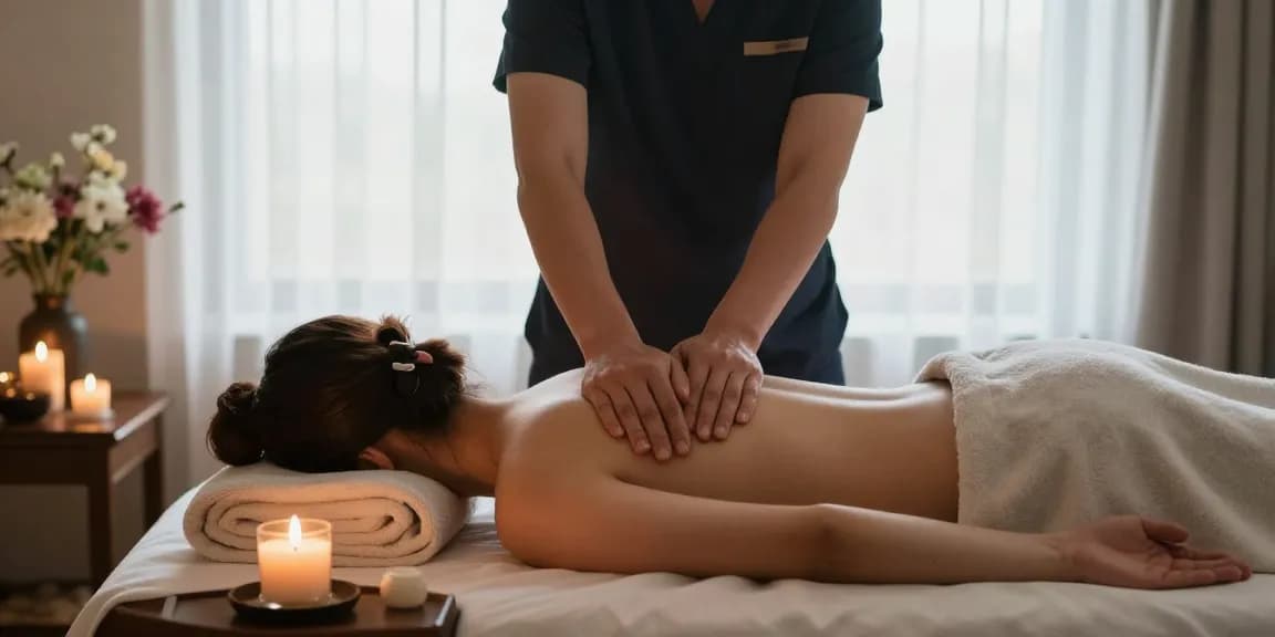스웨디시 마사지 중인 모습을 담은 이미지, 편안한 분위기와 조화로운 요소들로 구성됨.
