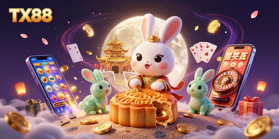 TX88 showcases an enchanting scene of a moon rabbit and jade companion surrounded by vibrant slot games and casino elements.