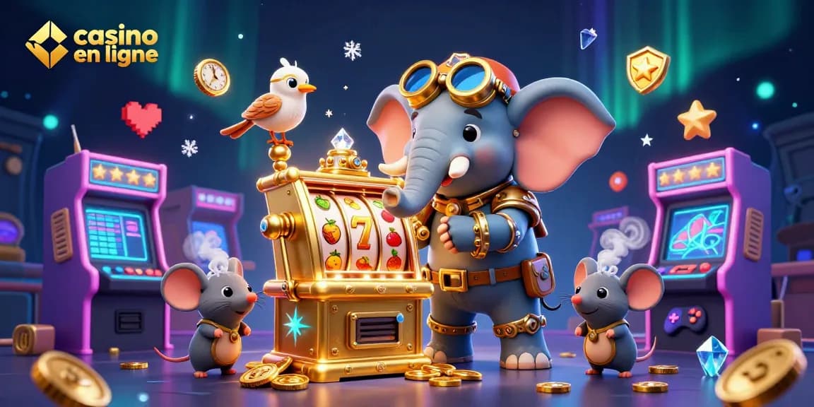 Jouer à des machines à sous dans un casino en ligne dynamique avec un éléphant ingénieur steampunk et des machines d'arcade colorées.