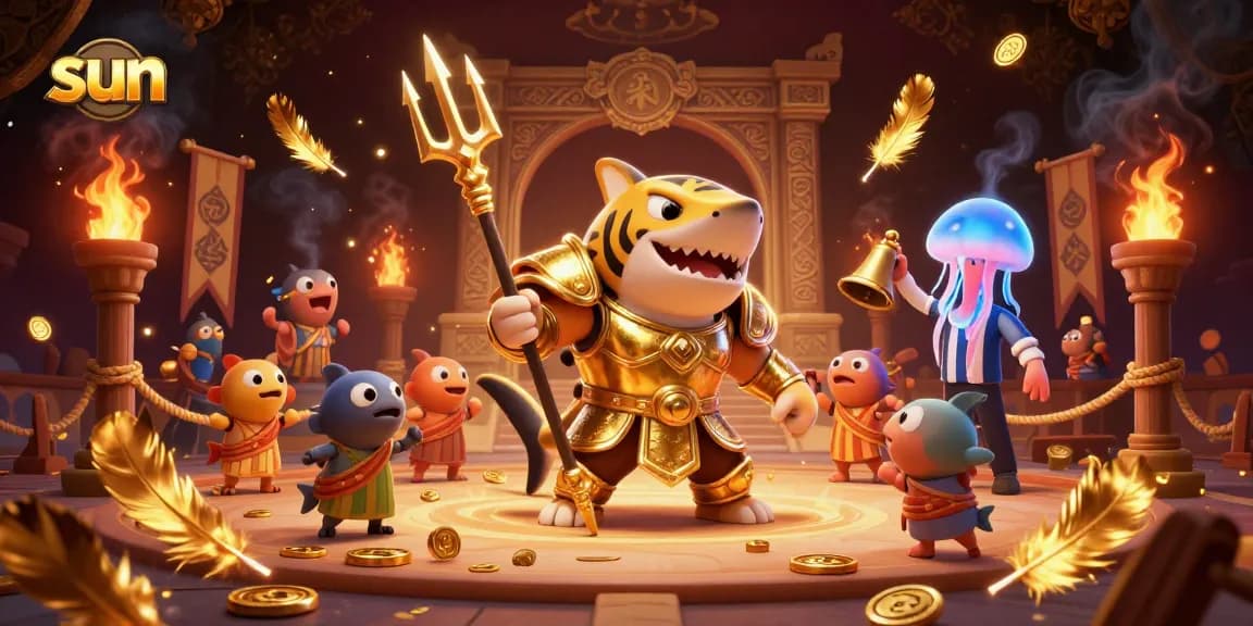 Engage in thrilling gaming action with sun-themed 3D casino illustration featuring a golden shark and vibrant fish.