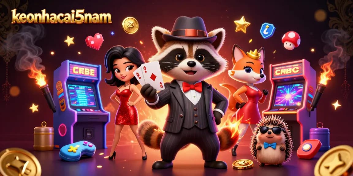 Engage in thrilling gameplay with keonhacai5nam showcasing a raccoon holding a royal flush amidst vibrant casino elements.