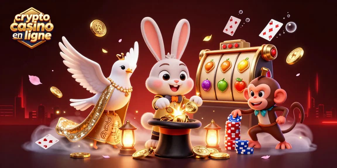 Les personnages de casino comme le 'casino crypto en ligne' dans une illustration 3D colorée avec des pièces d'or et des jeux d'argent.