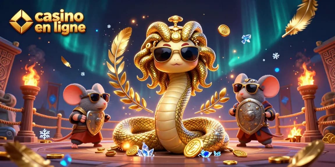 Gagnez avec le casino en ligne, illustration dynamique de personnages de la mythologie et d'éléments de jeu.