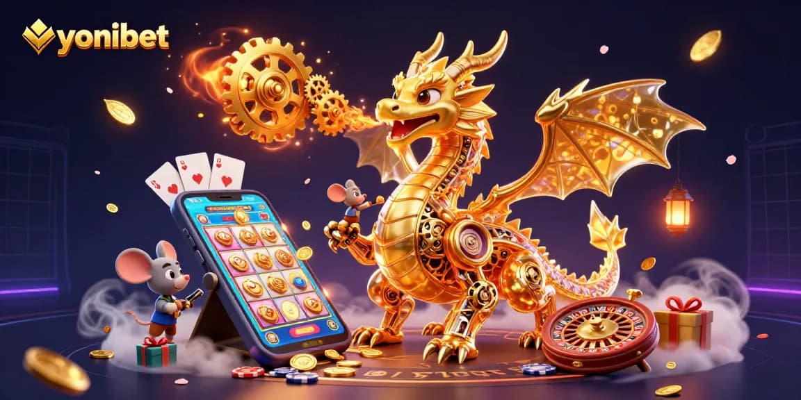 Win big with yonibet's vibrant 3D illustration showcasing games, tokens, and golden rewards.