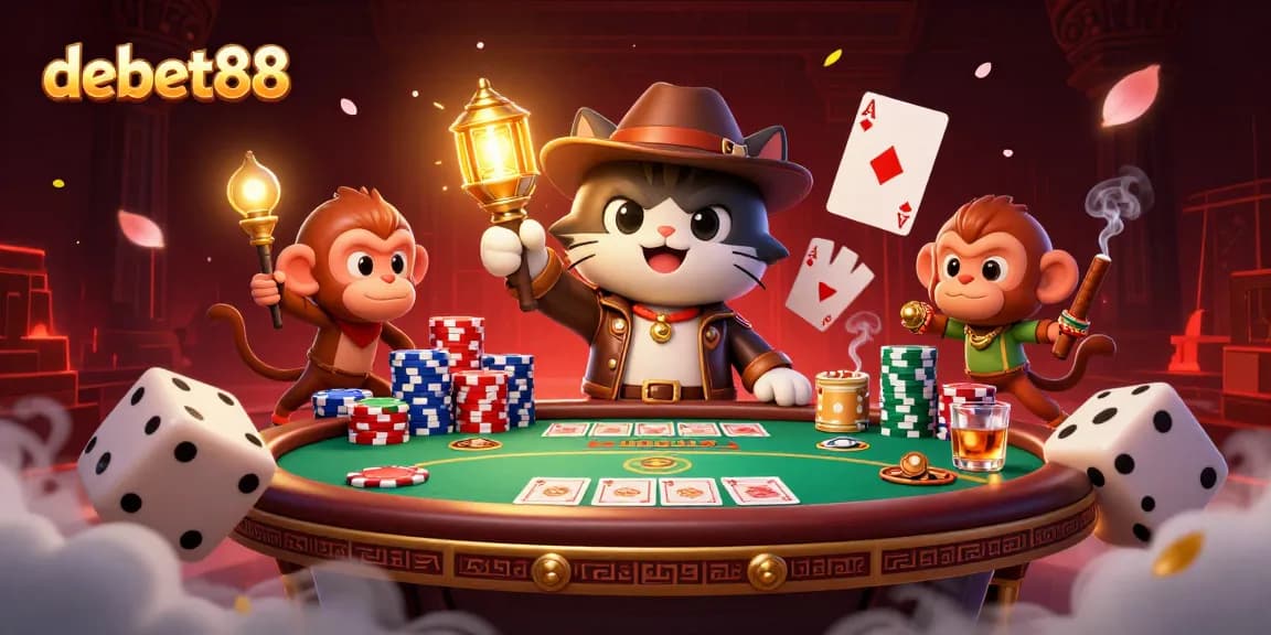 Experience the thrill of debet88 with a vibrant casino adventure featuring an archaeologist cat and poker scenes.