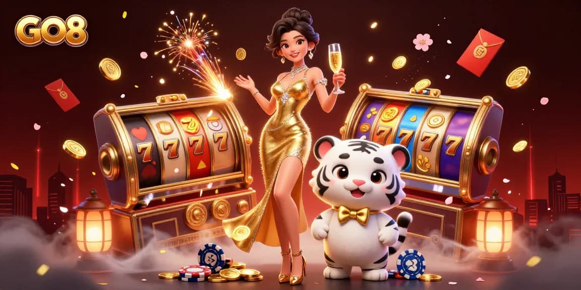 GO8 glamorous casino scene with a stylish woman and a lucky white tiger amidst vibrant slot elements.