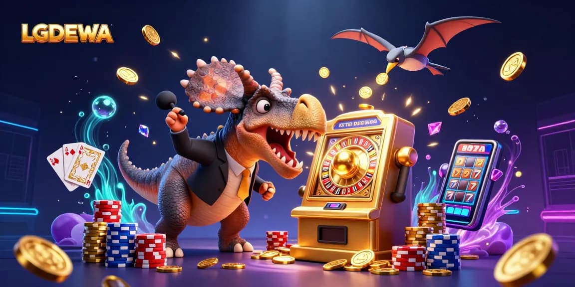 LGODEWA triggers slot machine jackpot with a dynamic 3D scene of dinosaurs amid flying coins.