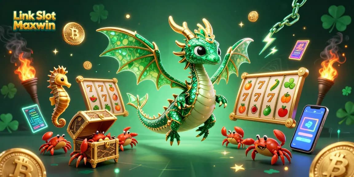 Link Slot Maxwin menghadirkan ilustrasi menarik dengan simbol slot dan naga laut dalam suasana kasino.