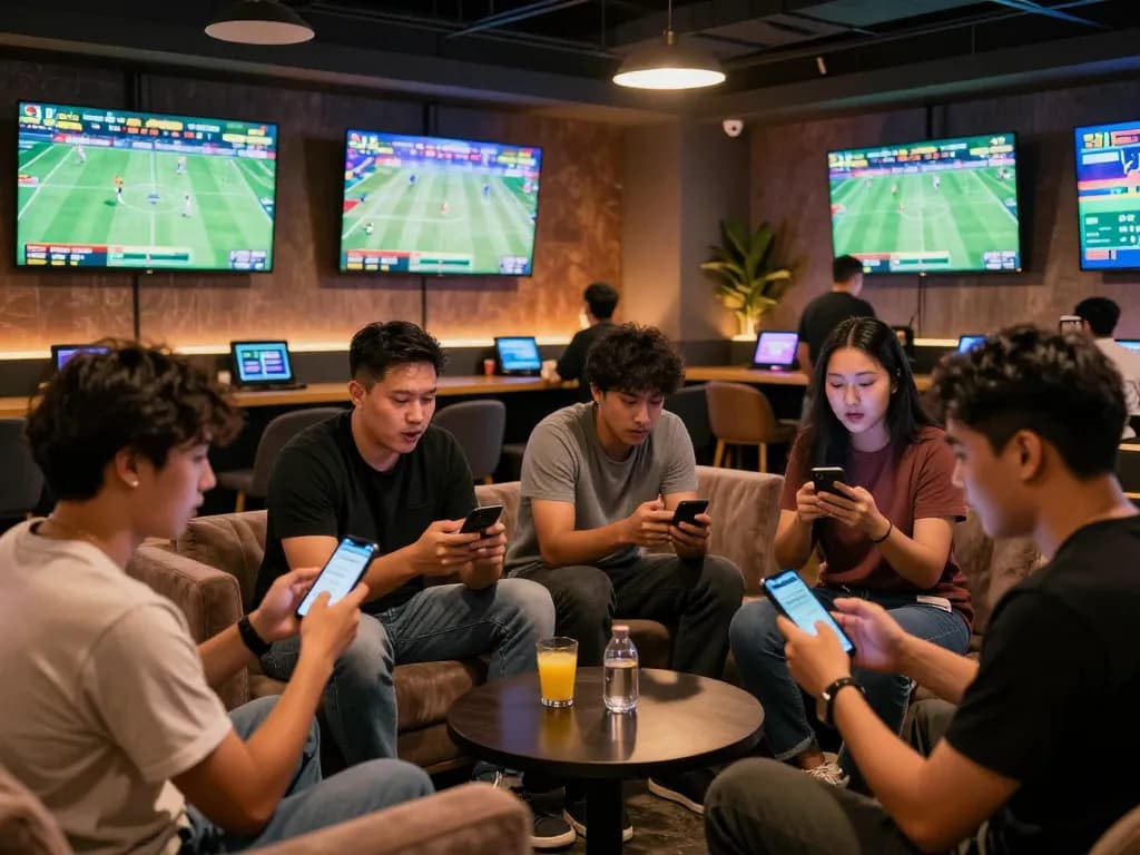 Fans enthusiastically placing bets on sports at LLWIN's lively lounge setting.