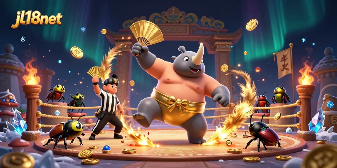 Experience thrilling gameplay at jl18net with a 3D illustration of a sumo beetle champion amidst gold coins and vibrant casino elements.