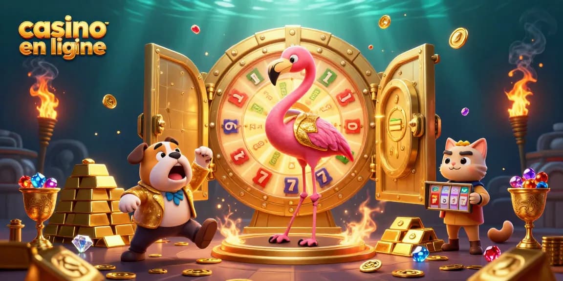 Illustration dynamique au casino en ligne avec une roue de prix géante et des personnages animés.