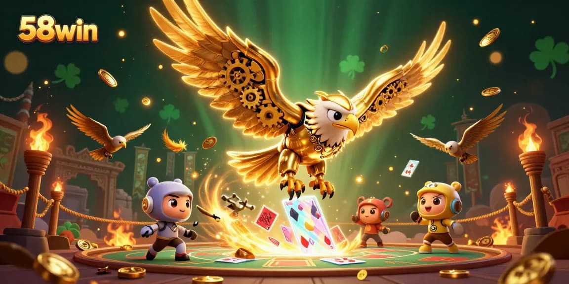Experience thrilling gaming action at 58win with a 3D cybernetic eagle amidst vibrant casino elements.