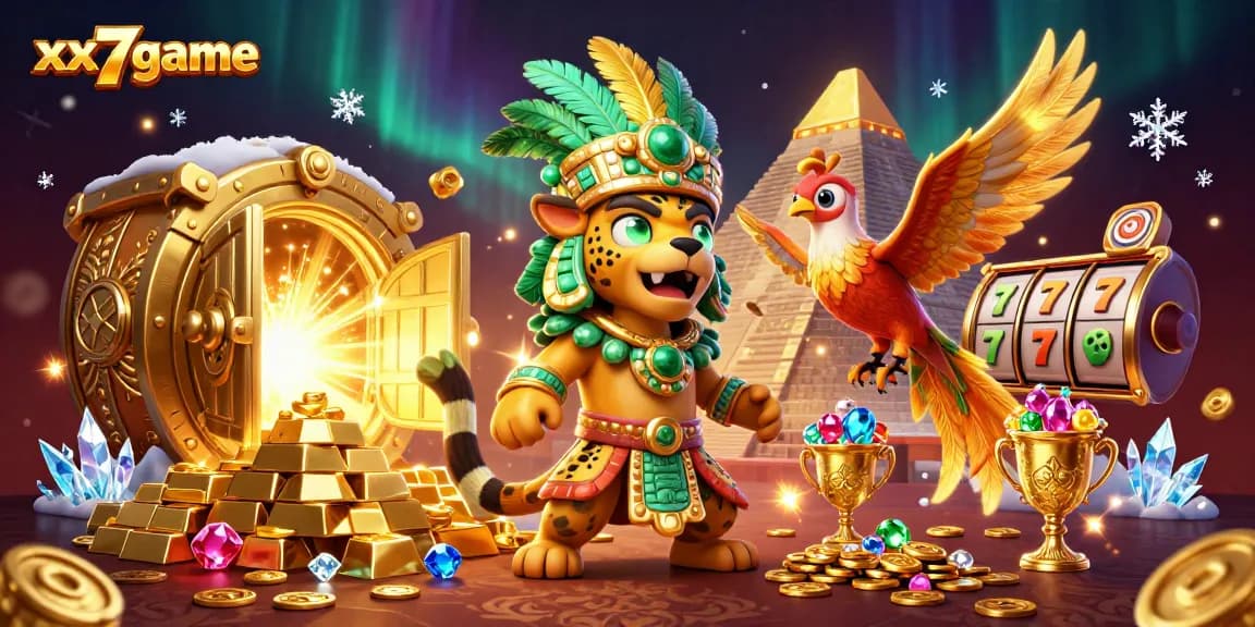 Experience the vibrant xx7game universe with a Mayan jaguar priest and treasures overflowing.