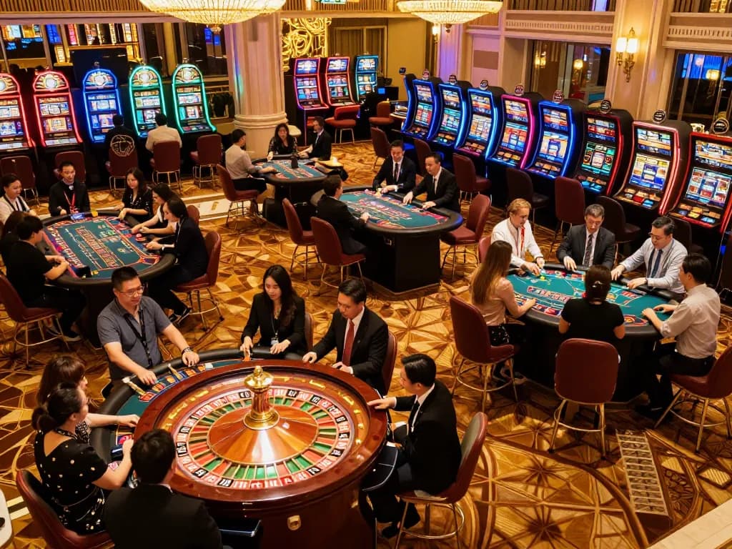 Paito macau showcases a bustling casino floor atmosphere with players engaging at roulette and slot machines.