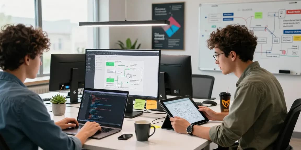 Engaging scene of a mobile app development course online with developers collaborating at a modern workspace.