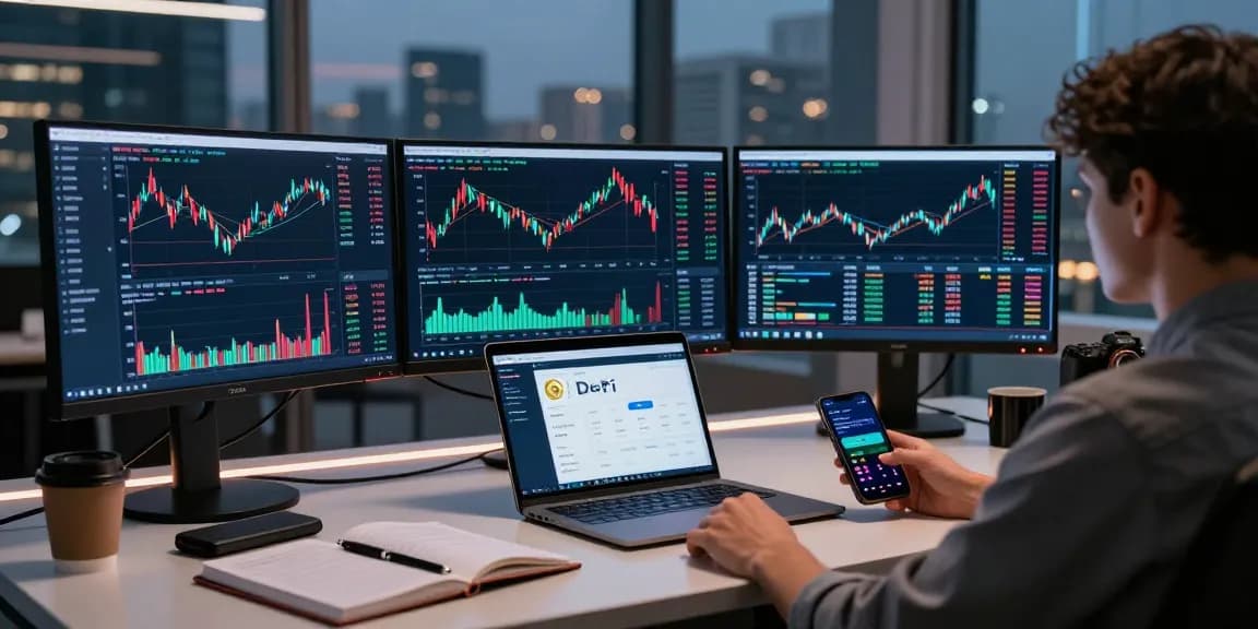 SPY stock trading setup featuring cryptocurrency analysis tools, with monitors displaying charts and price movements.