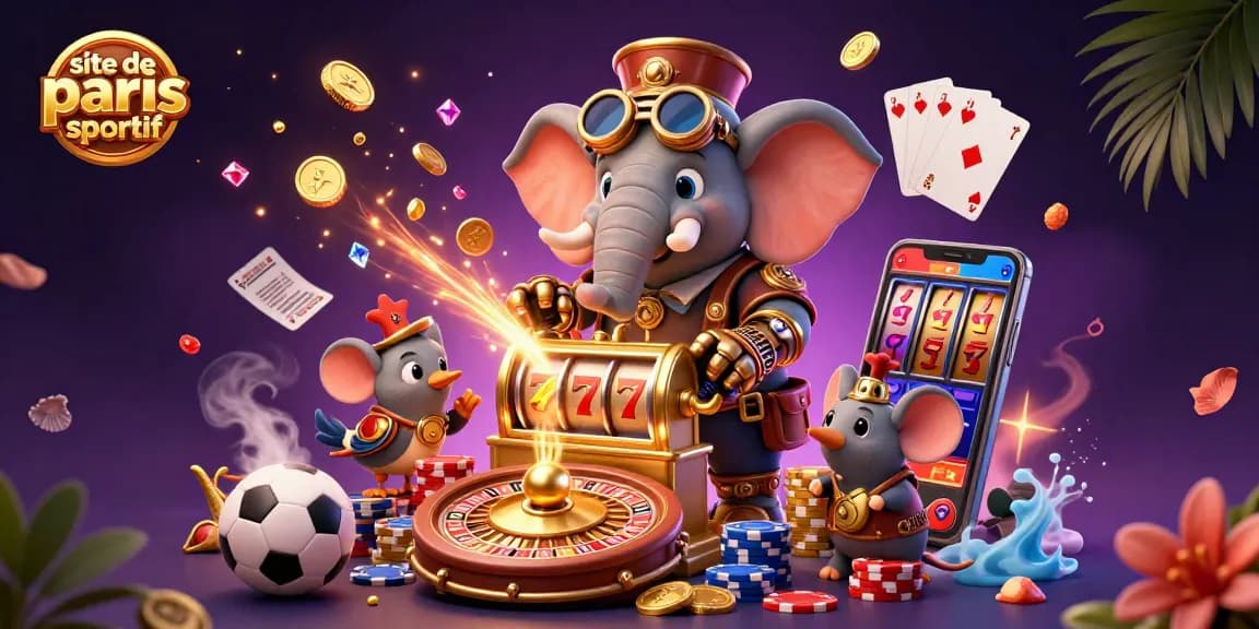 Visualisez le site de paris sportif avec une illustration 3D d'un éléphant steampunk à la machine à sous